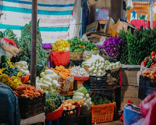 Colorful vegetable market stand in Colombia